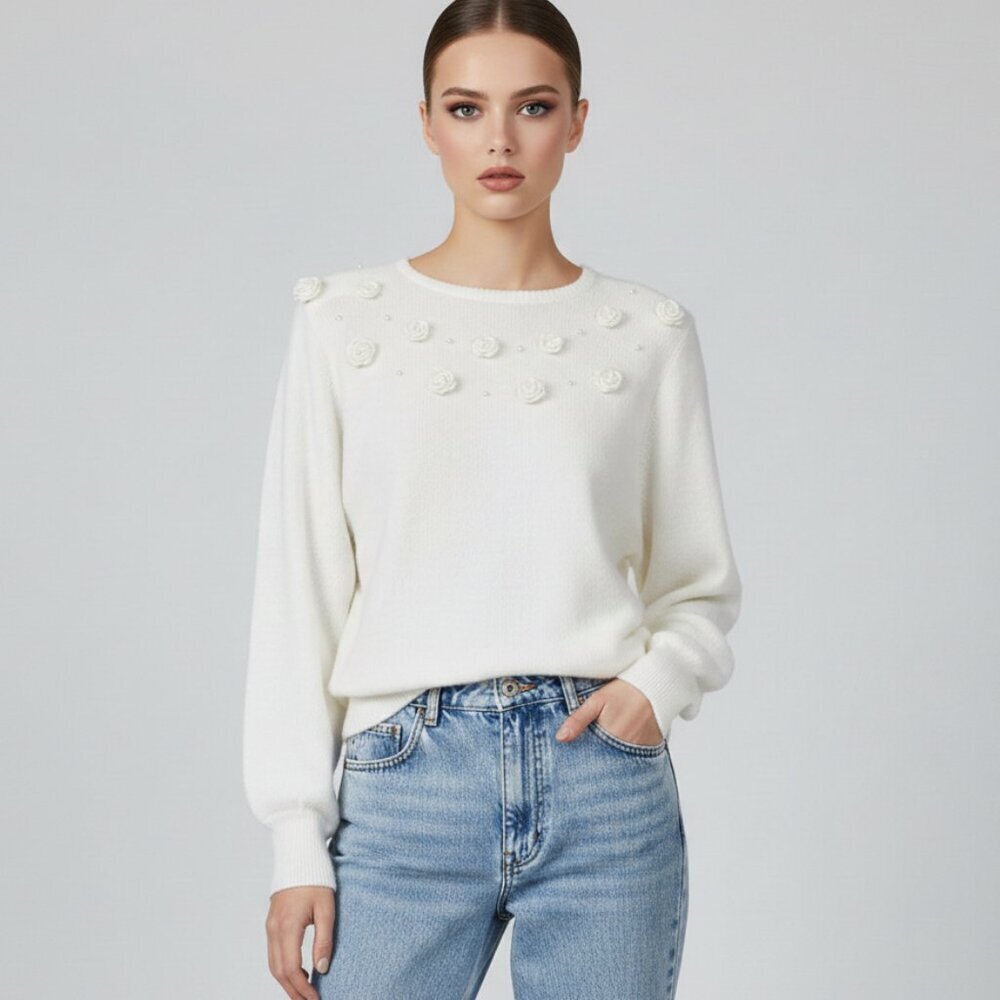 Avenida Vintage Beaded Rosette Sweater